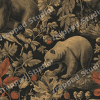 Vintage woodland pattern featuring engraved brown bears and botanical forest foliage on a dark background.