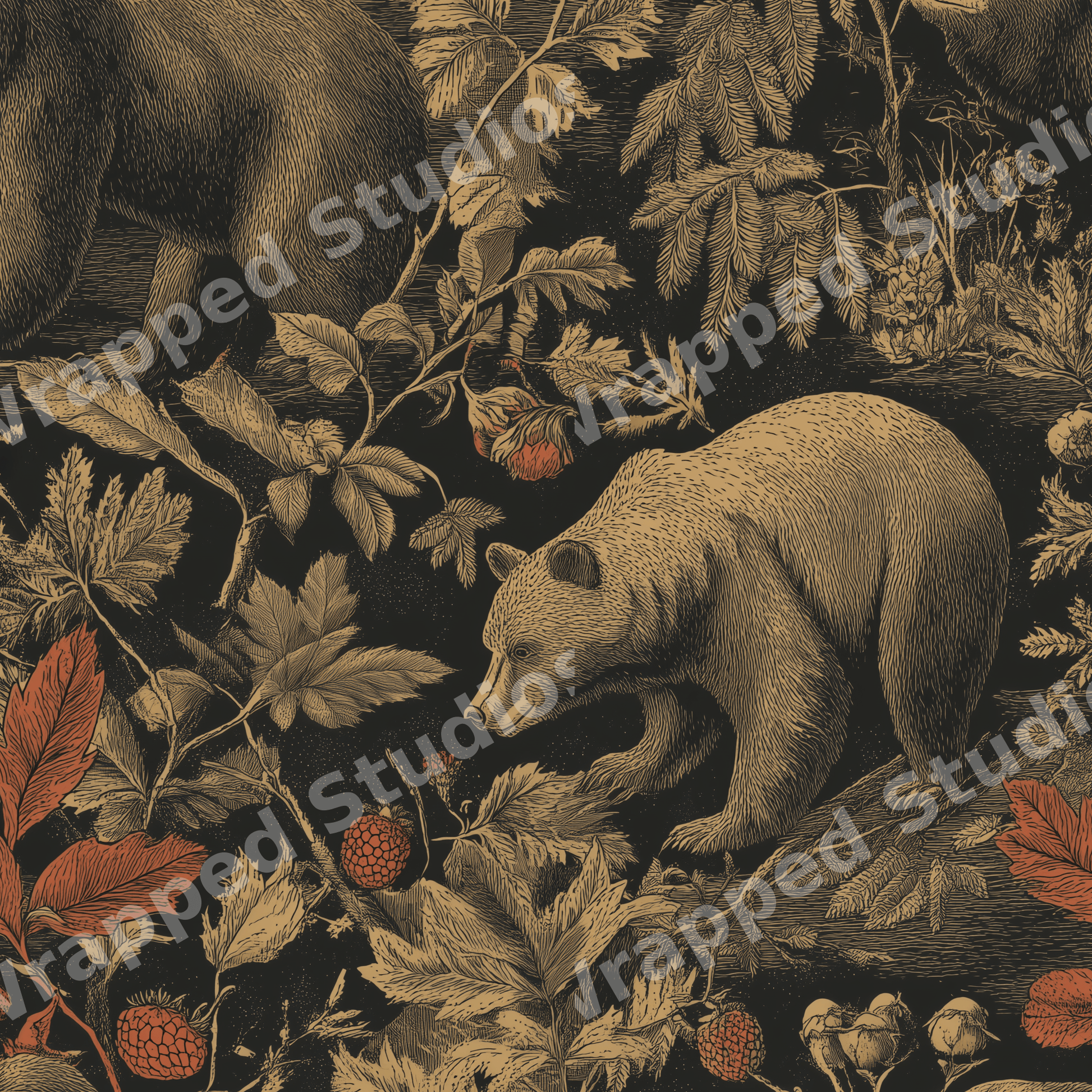 Vintage woodland pattern featuring engraved brown bears and botanical forest foliage on a dark background.