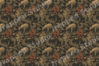 Vintage woodland bear pattern with botanical foliage and rust leaves on a dark background.