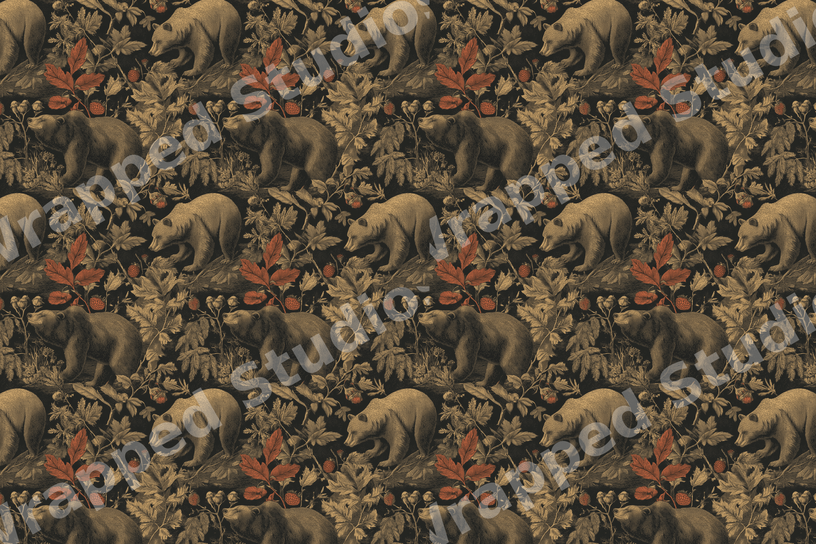 Vintage woodland bear pattern with botanical foliage and rust leaves on a dark background.