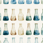 Vintage watercolor science pattern featuring laboratory flasks and beakers in blue and neutral tones.