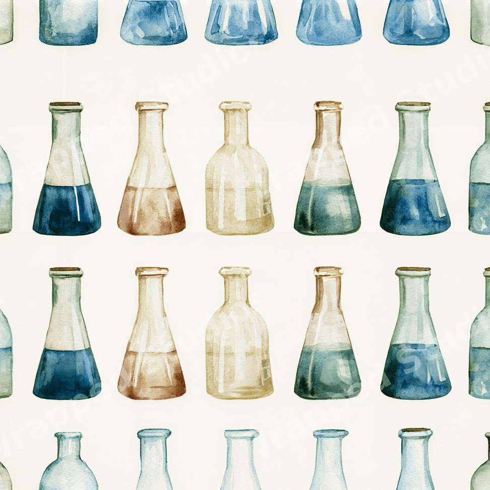 Vintage watercolor science pattern featuring laboratory flasks and beakers in blue and neutral tones.