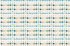 Vintage watercolor pattern of science beakers and laboratory flasks in shades of blue and amber.