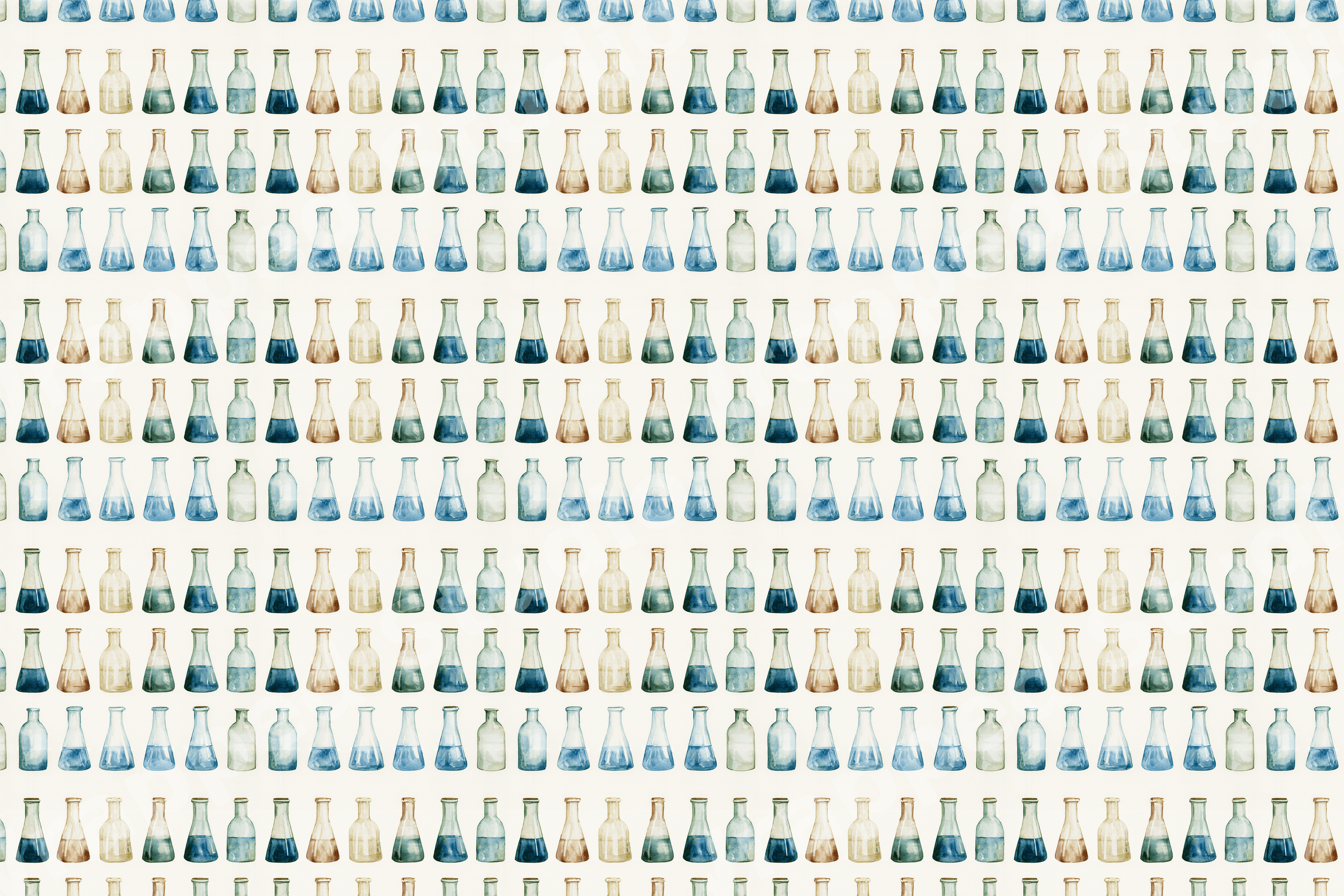 Vintage watercolor pattern of science beakers and laboratory flasks in shades of blue and amber.