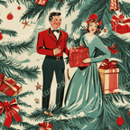 Vintage-style holiday pattern with festive figures, fir branches, Christmas ornaments, and gifts in red, green, and cream.