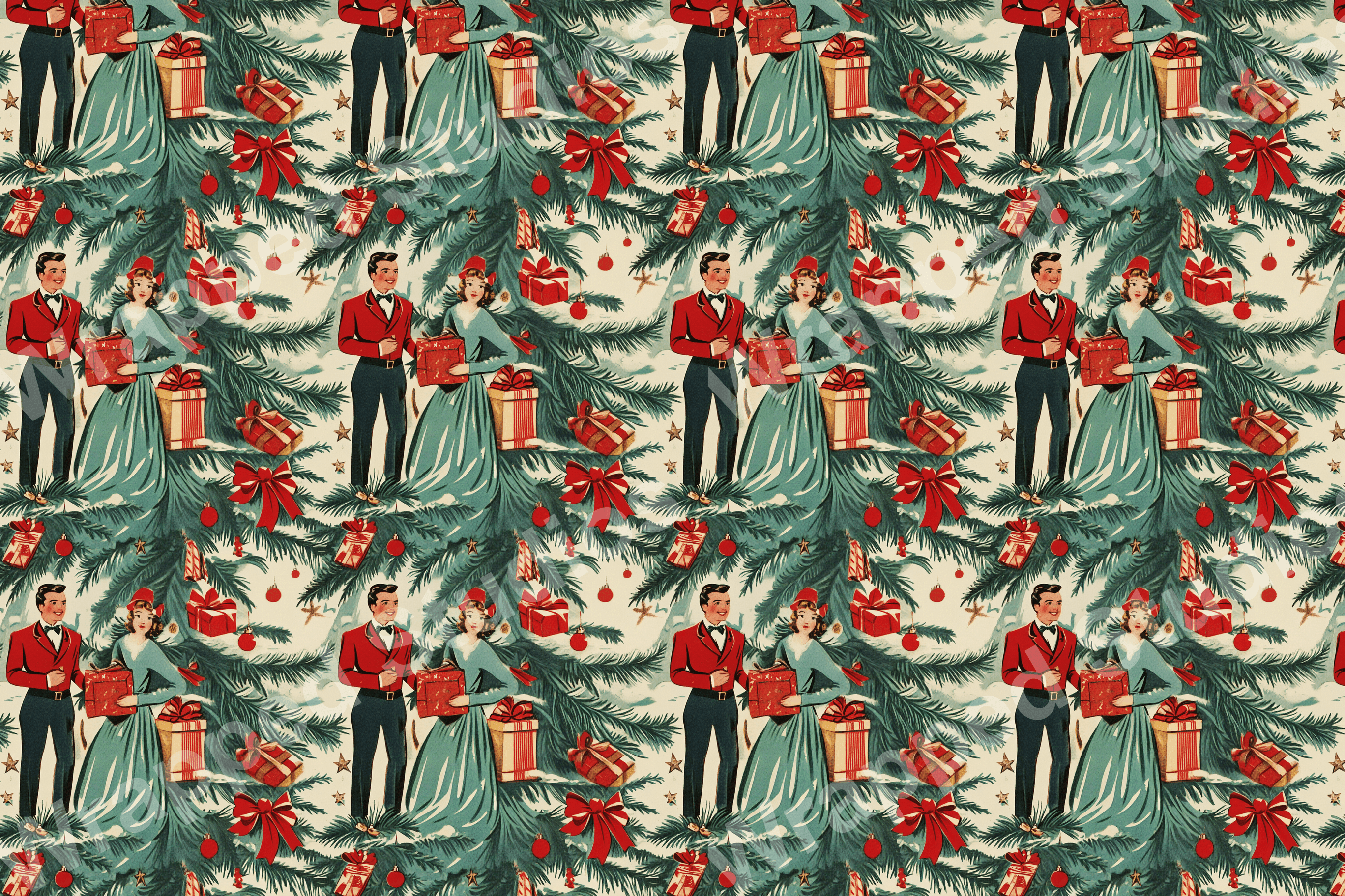 Vintage holiday pattern with pine trees, gifts, retro couple figures, and festive red accents.