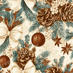 Vintage Christmas botanical pattern featuring pinecones, evergreen branches, and rustic ornaments on cream.