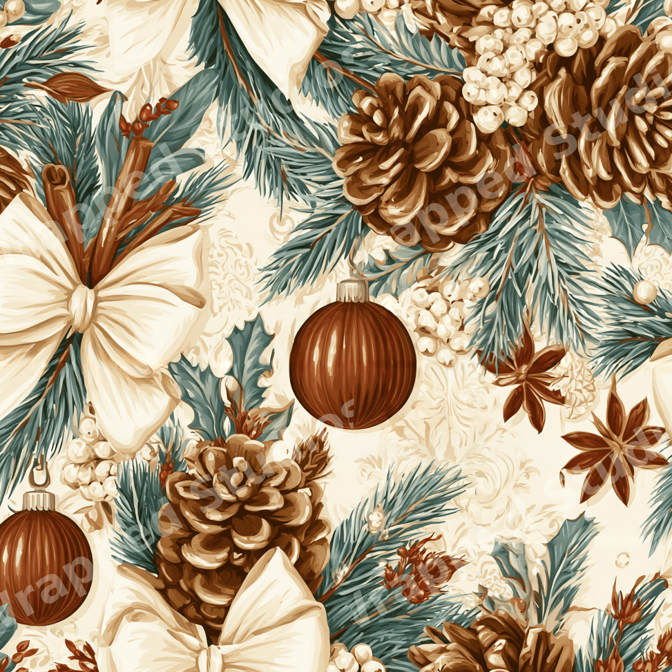 Vintage Christmas botanical pattern featuring pinecones, evergreen branches, and rustic ornaments on cream.