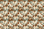 Vintage botanical Christmas pattern with pinecones, evergreen branches, cream bows, and bronze ornaments.