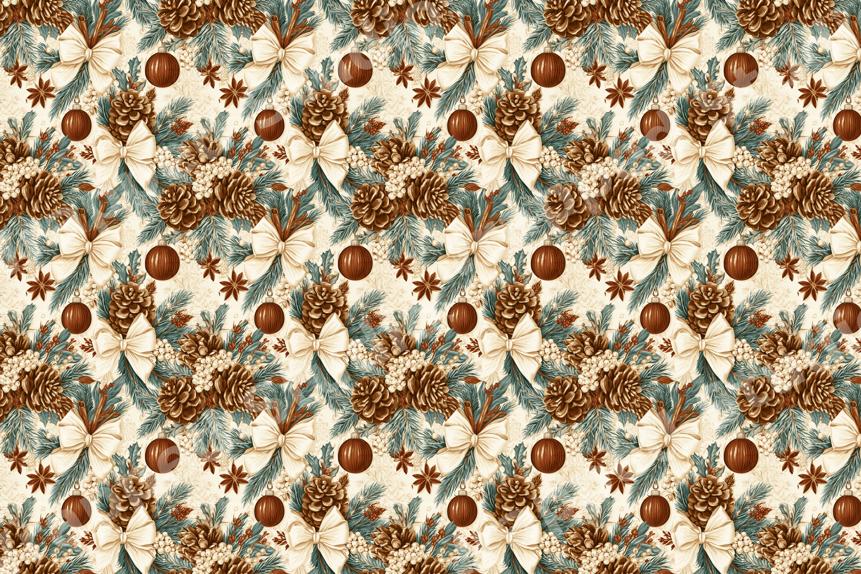 Vintage botanical Christmas pattern with pinecones, evergreen branches, cream bows, and bronze ornaments.