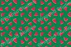 Playful red watermelon slice pattern on a rich green background.
