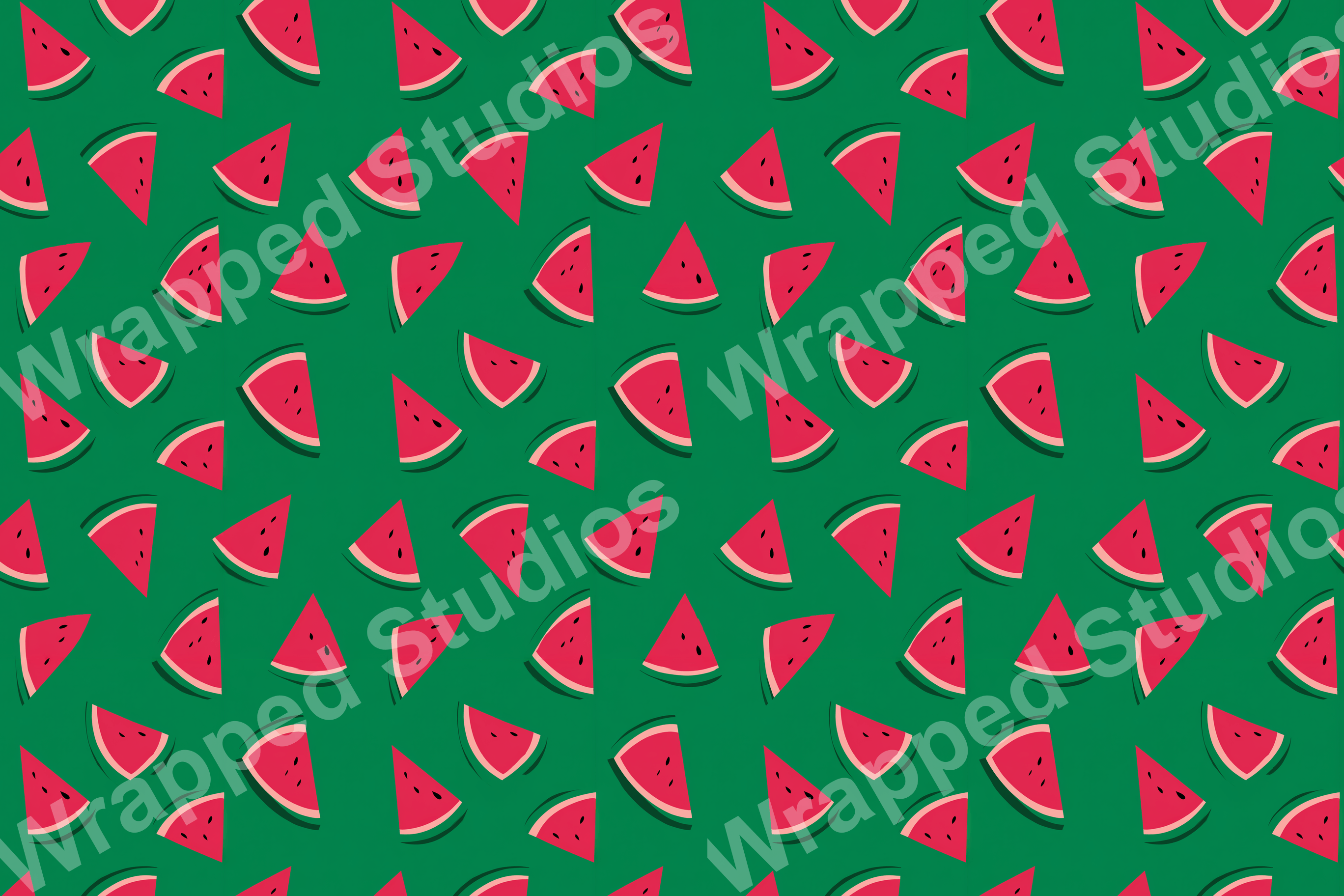 Playful red watermelon slice pattern on a rich green background.