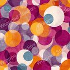 Modern geometric pattern with overlapping circles in shades of purple, orange, yellow, and teal.