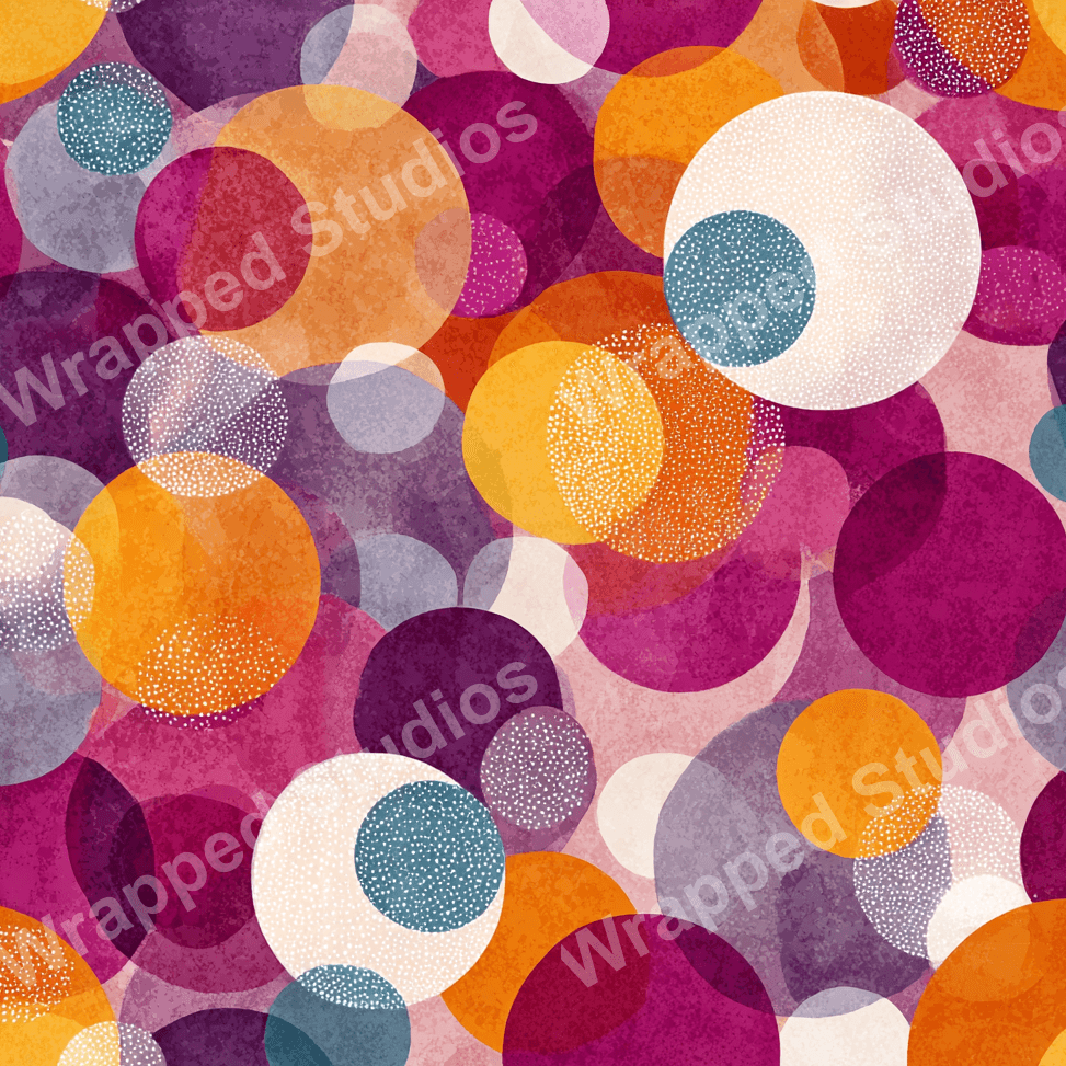 Modern geometric pattern with overlapping circles in shades of purple, orange, yellow, and teal.