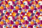 Seamless pattern with overlapping watercolor circles in orange, purple, gold and white hues.