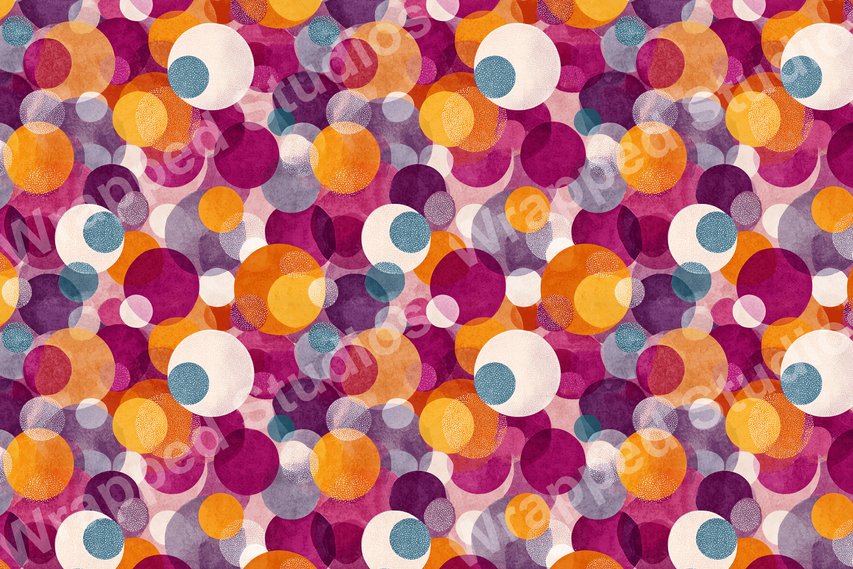 Seamless pattern with overlapping watercolor circles in orange, purple, gold and white hues.