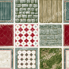 Rustic patchwork pattern with vintage medieval tiles, stone wall, wood grain, and green moss textures.