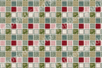 Rustic geometric tile pattern featuring a medieval patchwork grid of stone, wood, moss, and red textures.