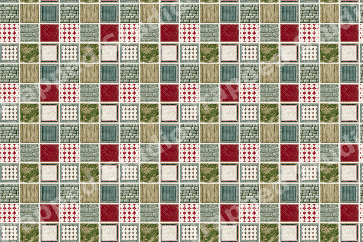Rustic geometric tile pattern featuring a medieval patchwork grid of stone, wood, moss, and red textures.