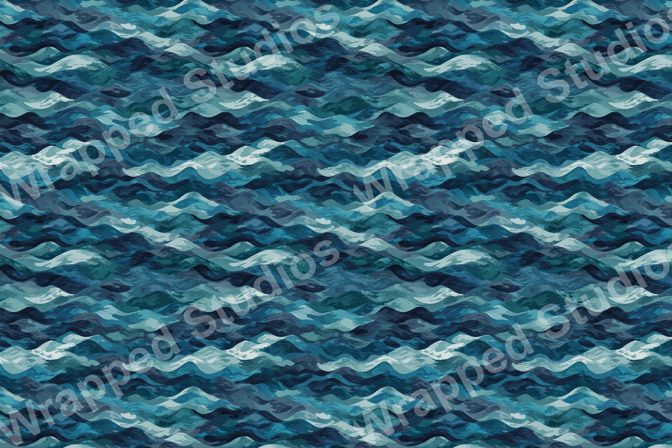 Abstract wave pattern with layered teal, blue, and navy brushstrokes.