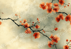 Watercolor floral pattern of peach blossom branches on a textured beige and blue background.