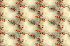 Seamless floral pattern with blooming orange blossoms on dark branches and a neutral watercolor-style background.