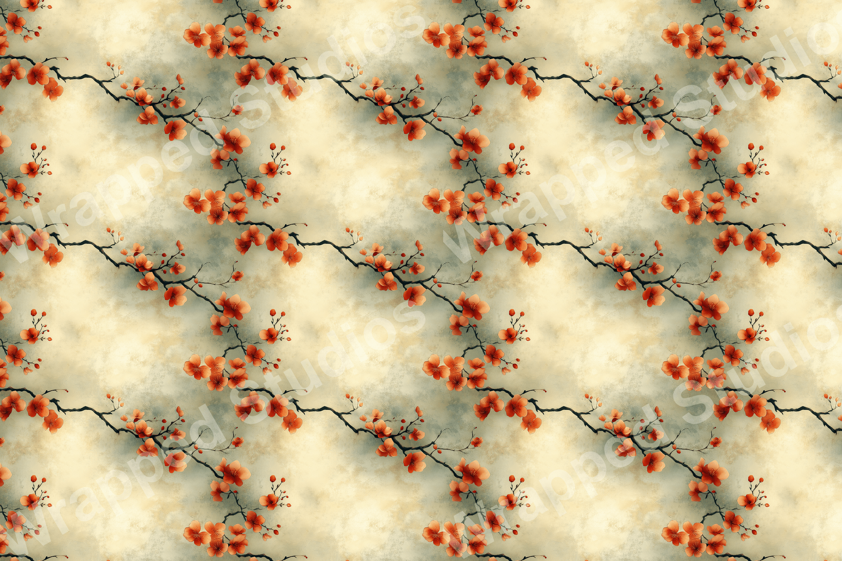 Seamless floral pattern with blooming orange blossoms on dark branches and a neutral watercolor-style background.