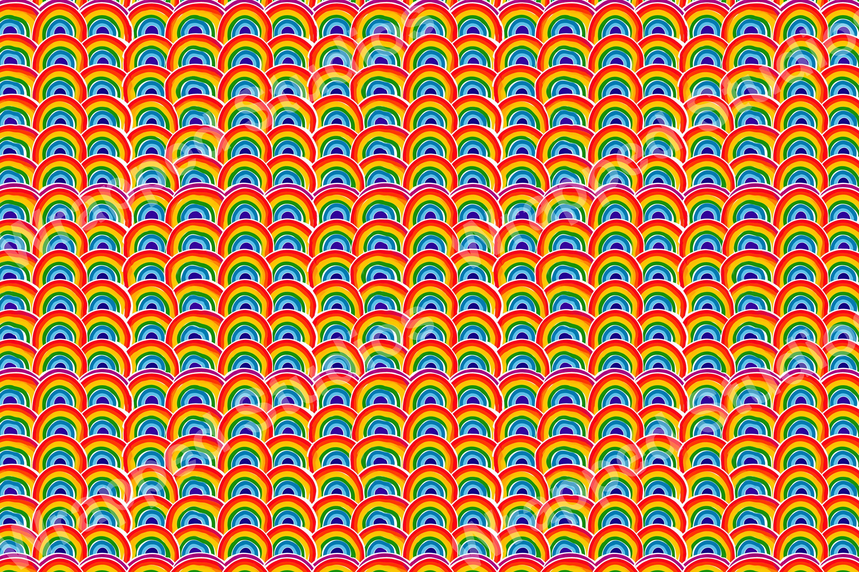 Dense rainbow geometric pattern in red, orange, yellow, green, light blue and dark blue with white border.