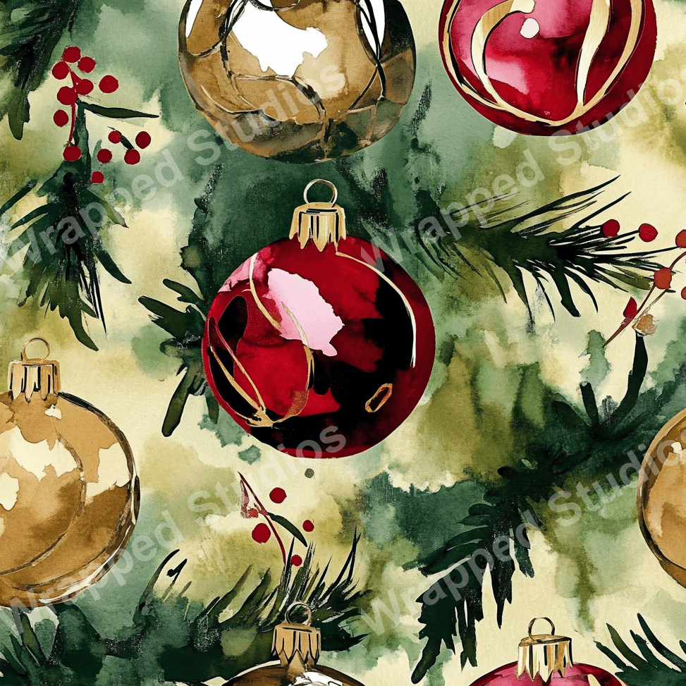 Festive pattern with red and gold ornaments on painterly green pine branches.