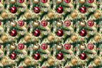 Watercolor Christmas ornament pattern with gold, red, green and pine needles.