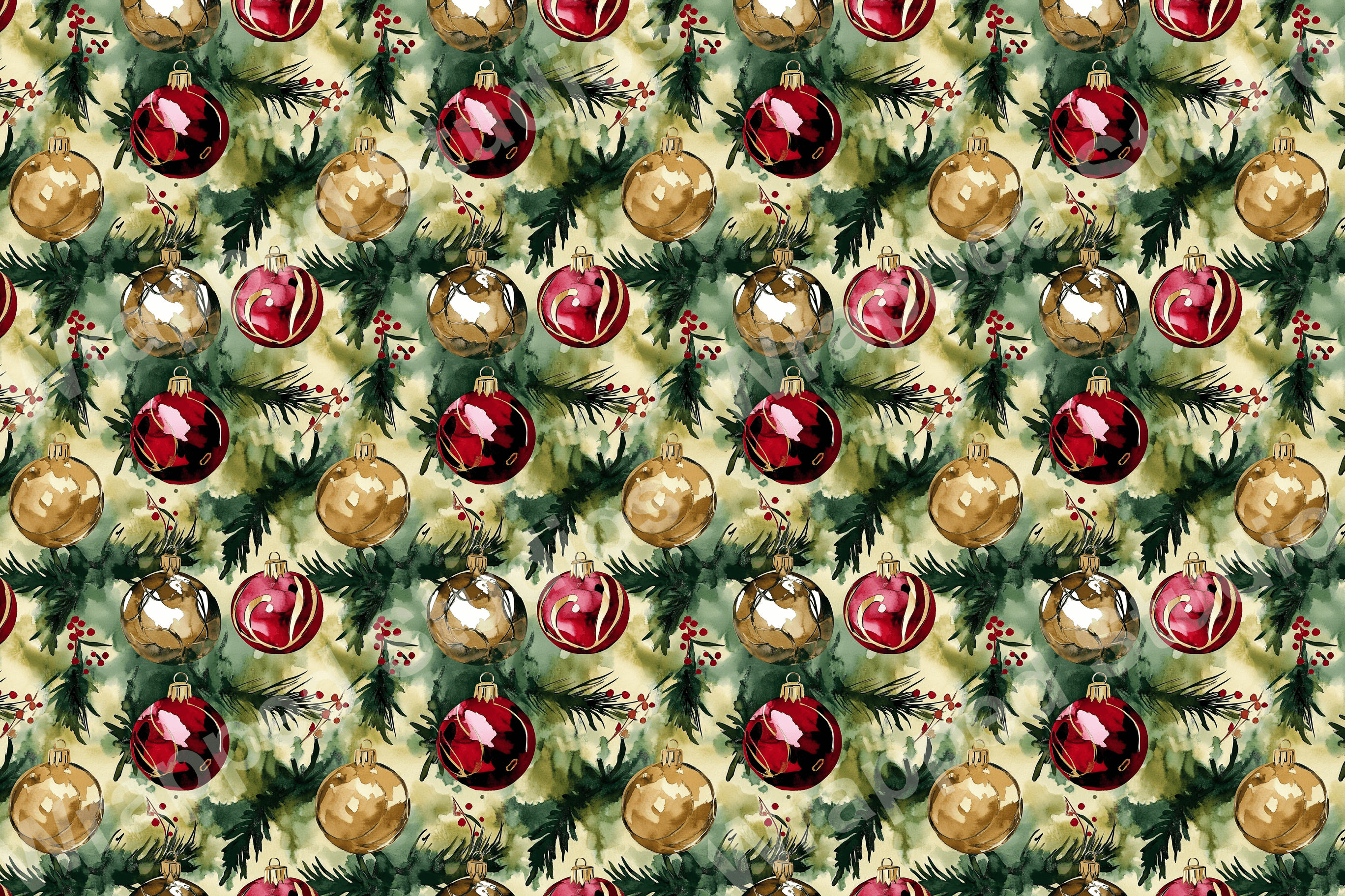 Watercolor Christmas ornament pattern with gold, red, green and pine needles.