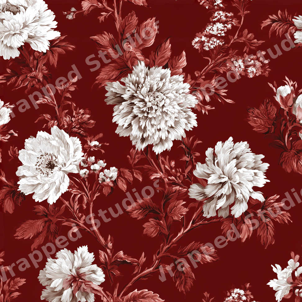 Vintage botanical floral pattern featuring large white peonies and red leaves on a dark burgundy background.