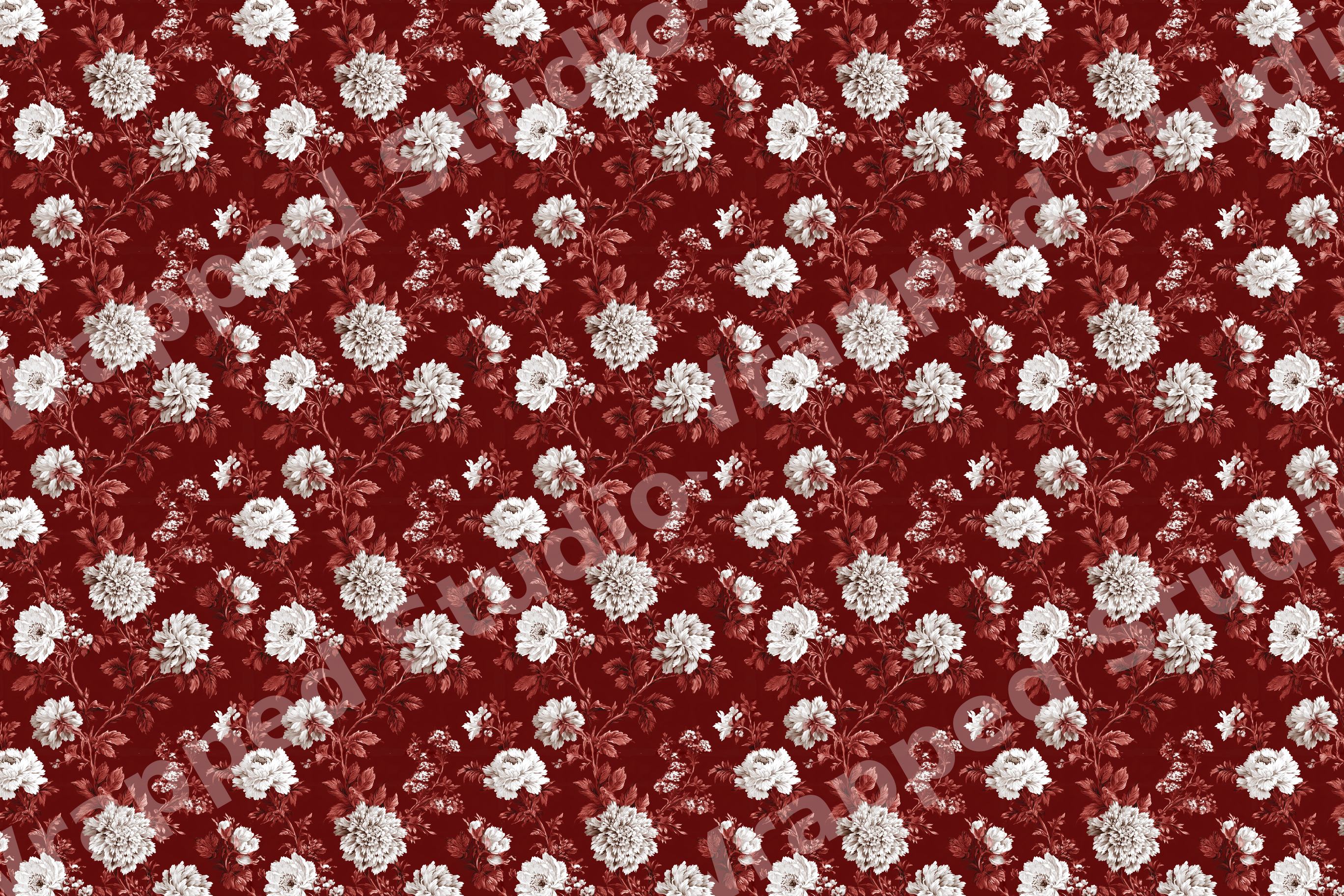 Elegant vintage botanical floral pattern with white flowers on a dark red background.