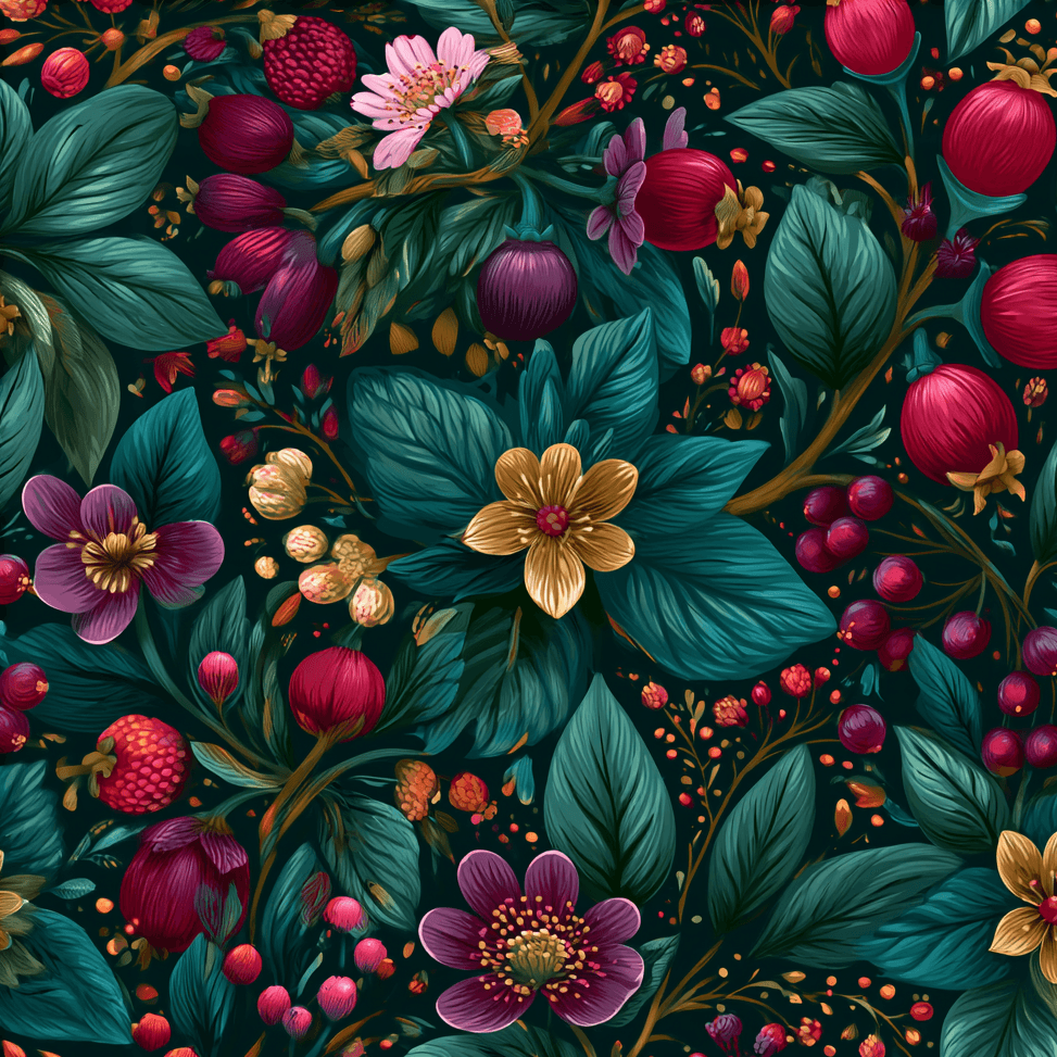 Vintage botanical floral pattern with dark teal leaves, red berries, and purple flowers.