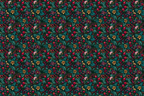 Vintage botanical design with a moody floral pattern of red berries, gold and purple flowers, and teal leaves.
