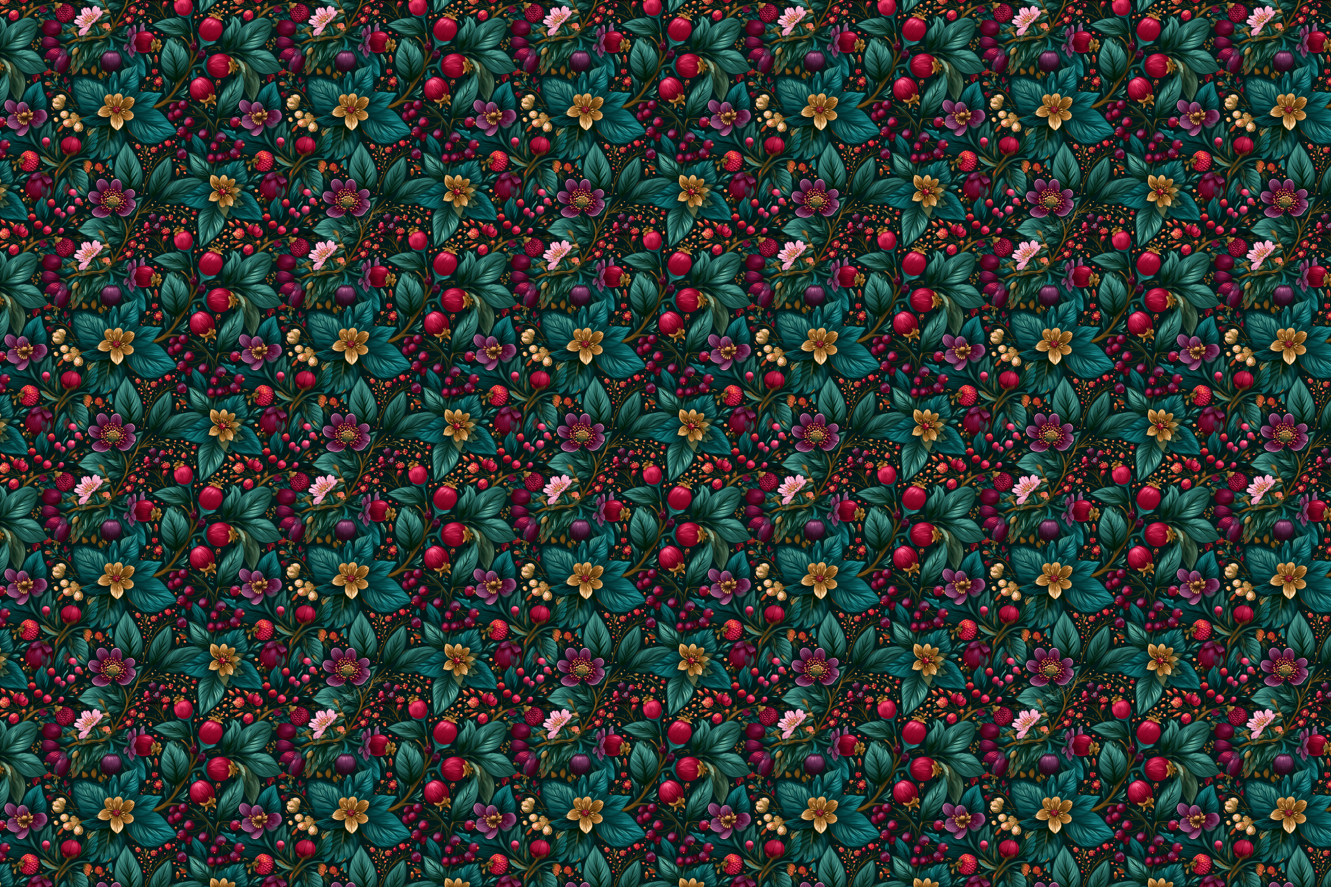 Vintage botanical design with a moody floral pattern of red berries, gold and purple flowers, and teal leaves.