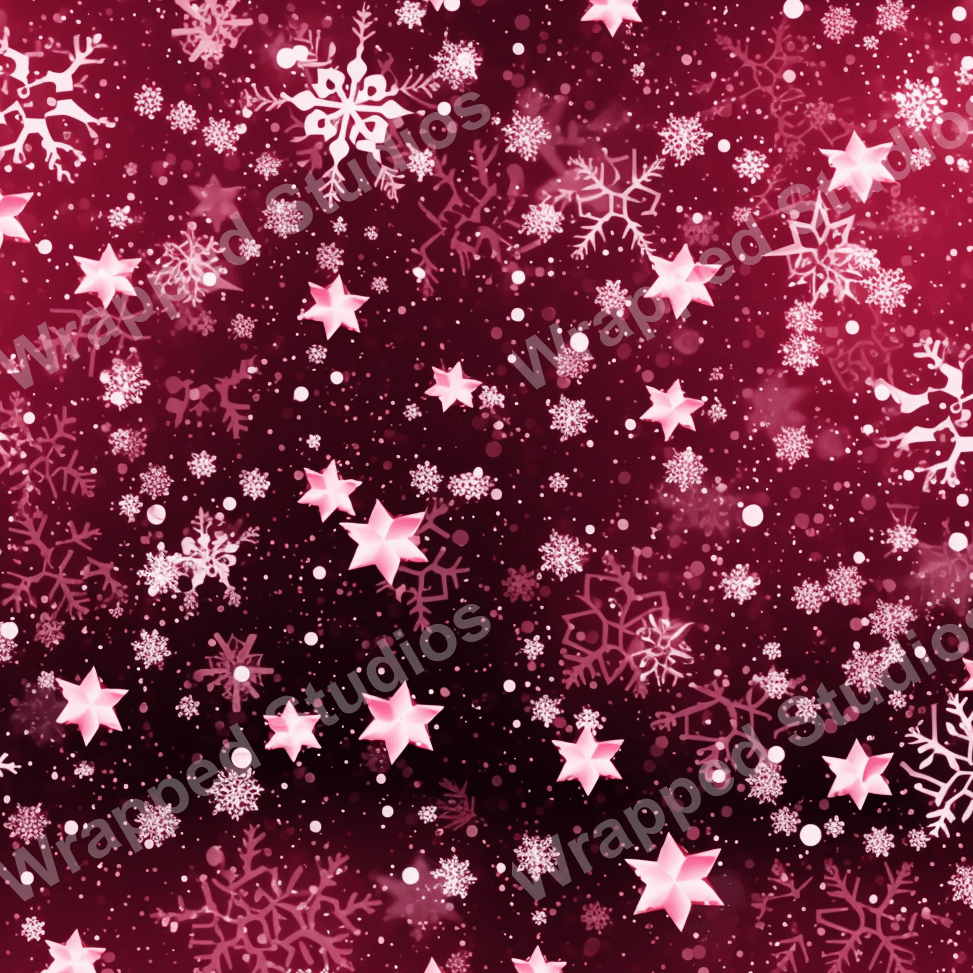 Maroon holiday pattern with snowflakes, stars, and tiny dot details.