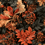 Moody vintage botanical pattern with rustic orange autumn leaves and berries on a black background.