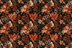 Vintage botanical pattern with rust orange oak leaves and dark berries on a black background.