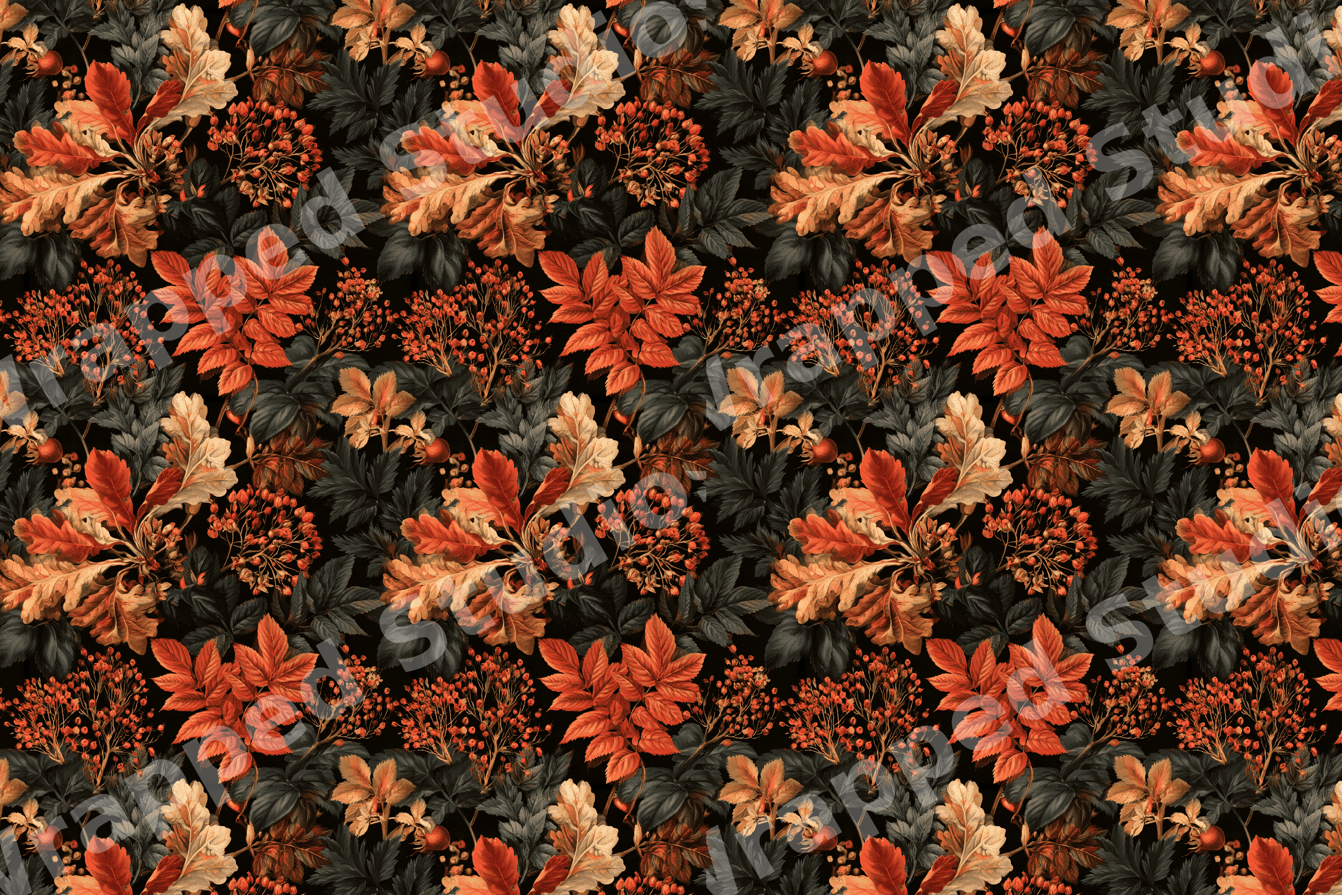 Vintage botanical pattern with rust orange oak leaves and dark berries on a black background.