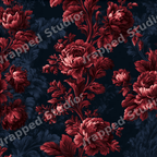 Moody vintage botanical design with deep red peonies and baroque foliage on a dark navy background.