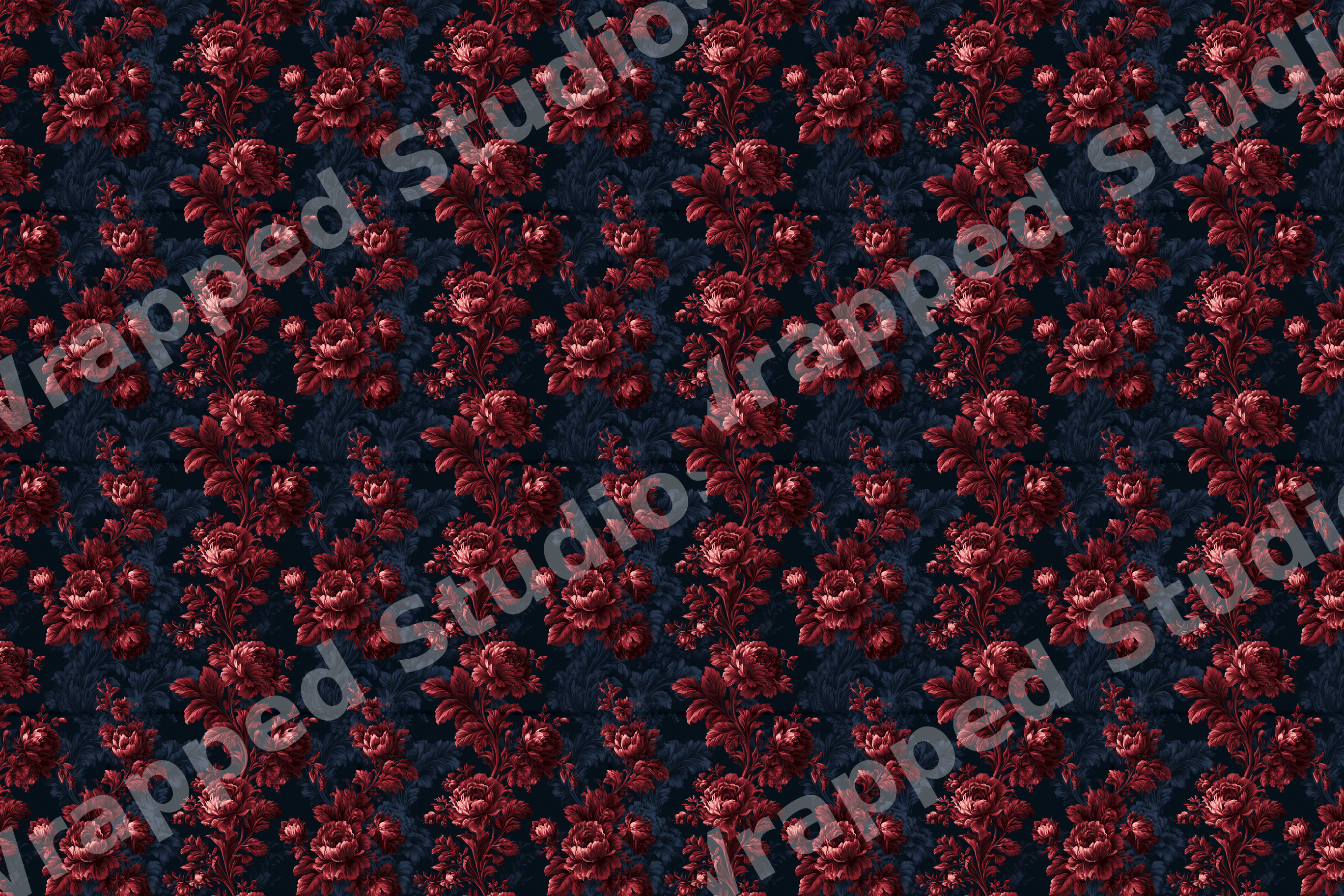 Vintage botanical floral pattern with dark red roses on a moody navy blue background.