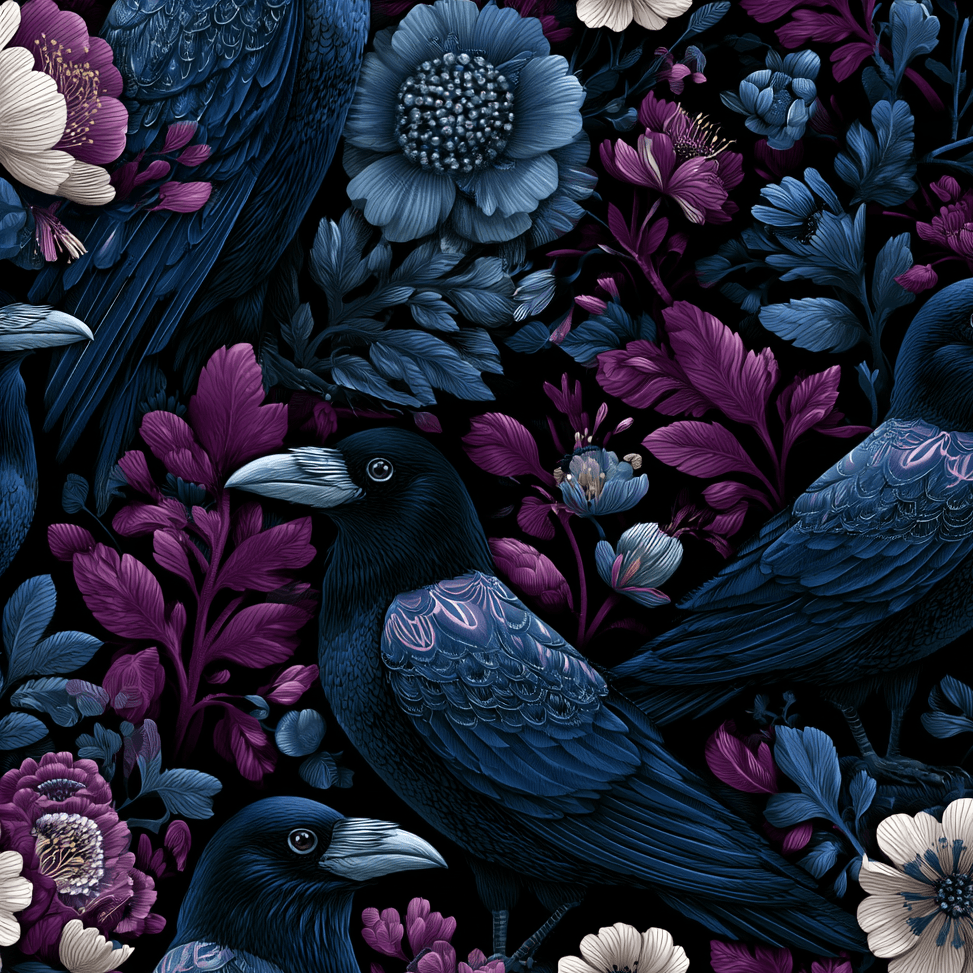 Seamless pattern of crows and gothic floral motifs in rich shades of purple, navy blue, and white on black.