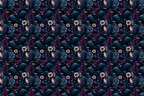 Dark gothic pattern featuring black ravens amidst deep purple and blue botanical floral elements.