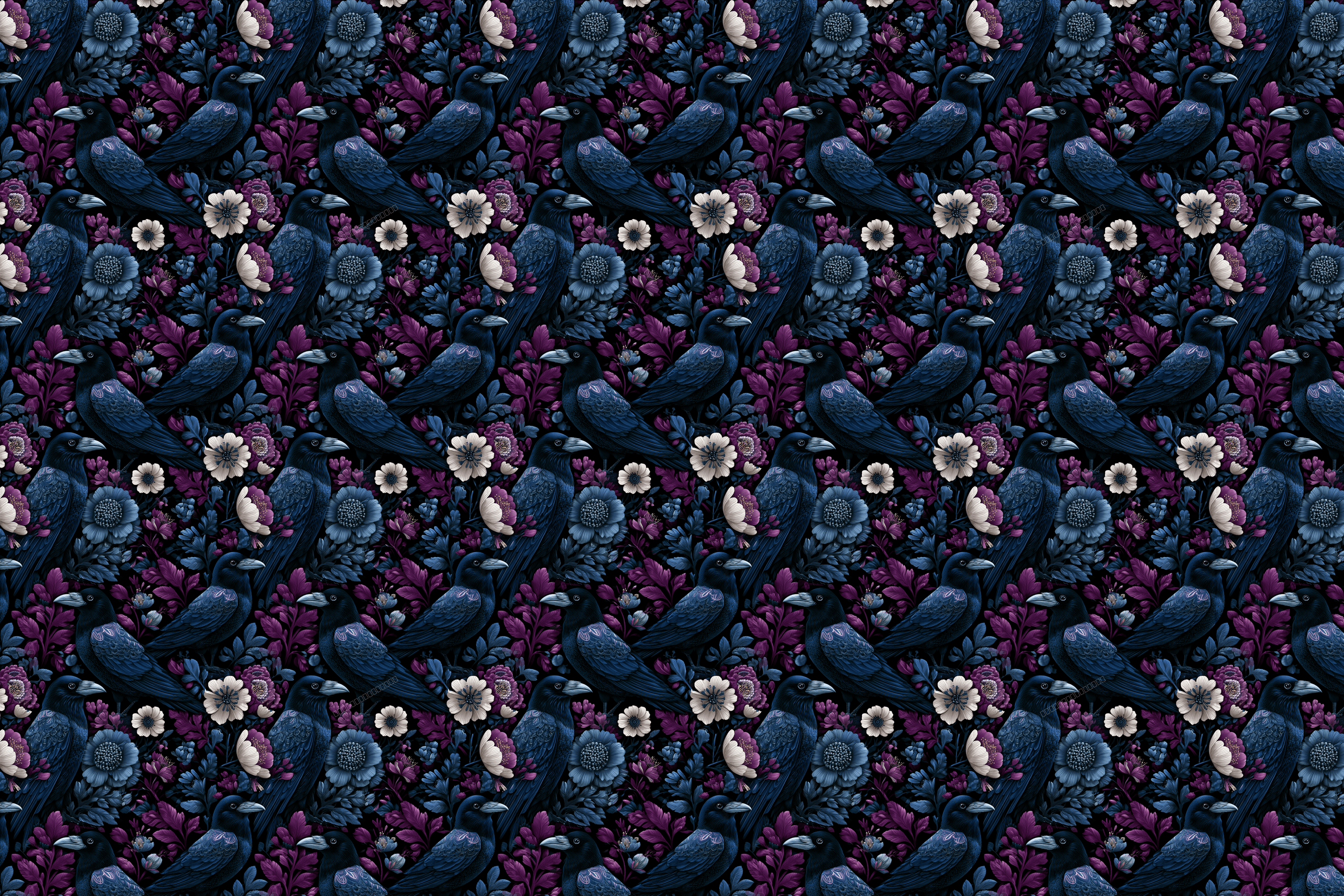 Dark gothic pattern featuring black ravens amidst deep purple and blue botanical floral elements.
