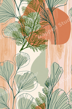 Boho botanical pattern with green ginkgo leaves, terracotta abstract shapes, and subtle woodgrain texture.