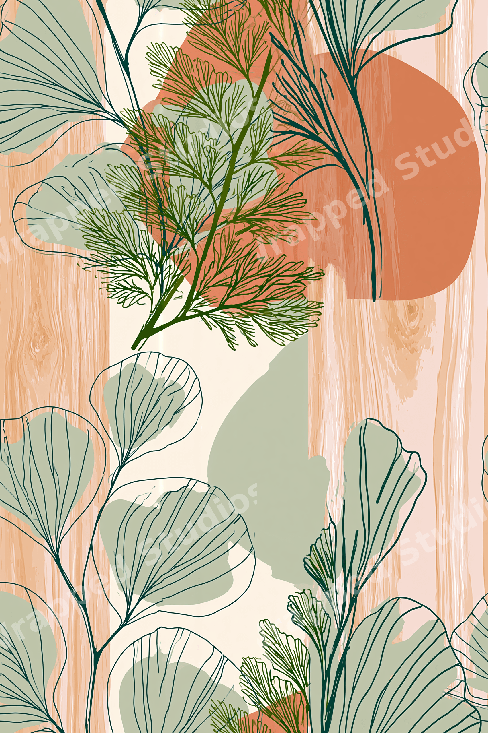 Boho botanical pattern with green ginkgo leaves, terracotta abstract shapes, and subtle woodgrain texture.