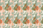 Boho botanical pattern with sage green ginkgo leaves and terracotta abstract shapes on a striped background.