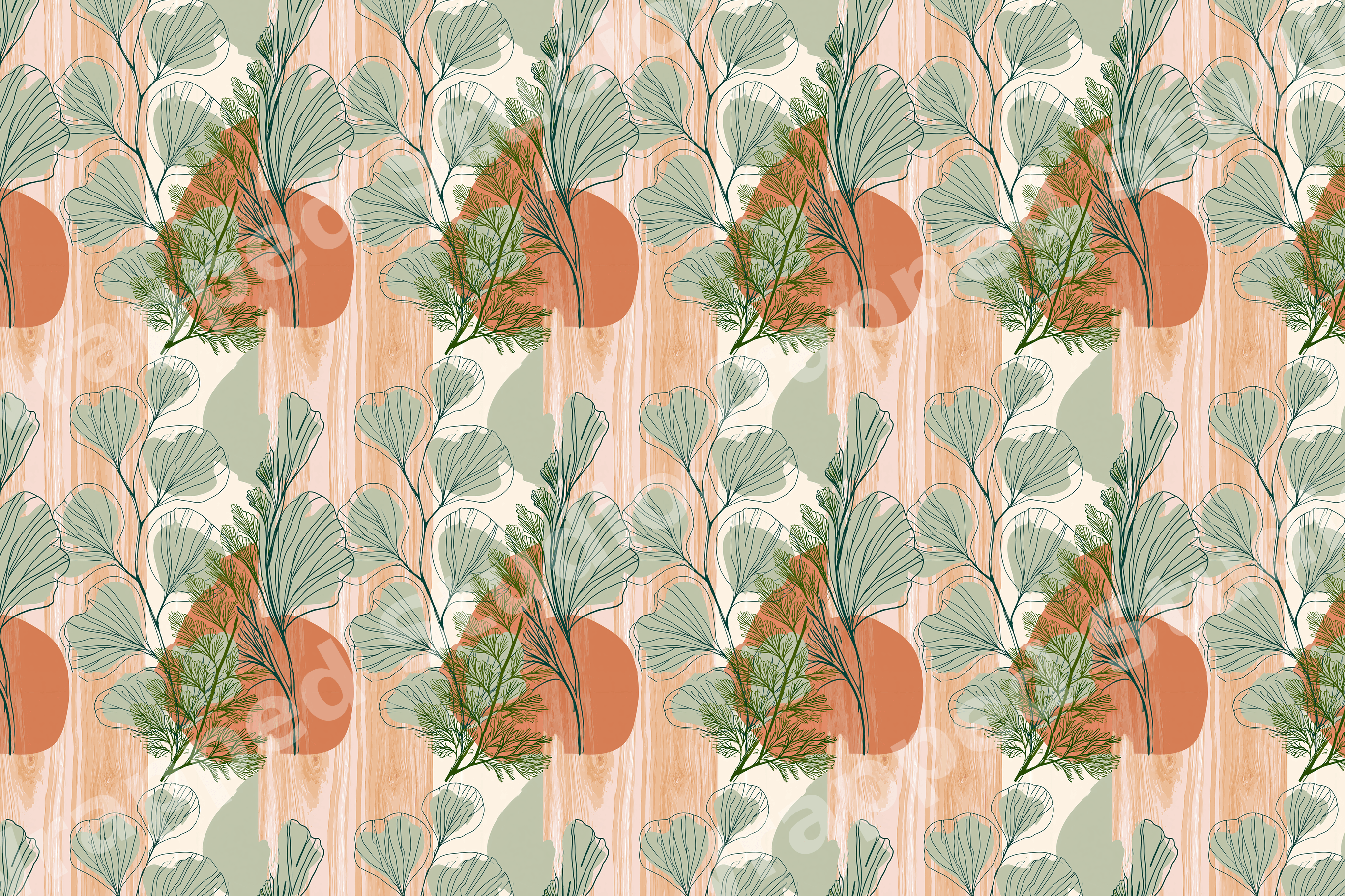 Boho botanical pattern with sage green ginkgo leaves and terracotta abstract shapes on a striped background.