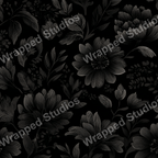 Monochrome floral pattern with dark gray flowers and leaves on a black background.